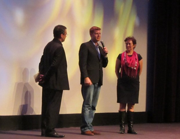 Serge Bromberg, onstage with director John Kahrs and producer Kristina Reed at the opening ceremonies, introducing the world premier screening of Disney’s new short, Paperman.