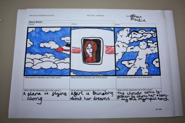 In this storyboard, an idea hatched by pupils in Carolina about the flame arriving to them by plane has been drawn up in more detail by a student from Pent Valley School in Folkestone.