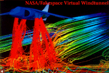 A virtual wind tunnel designed for NASA-Ames is shown here. Image courtesy of Fakespace and NASA Ames Research.