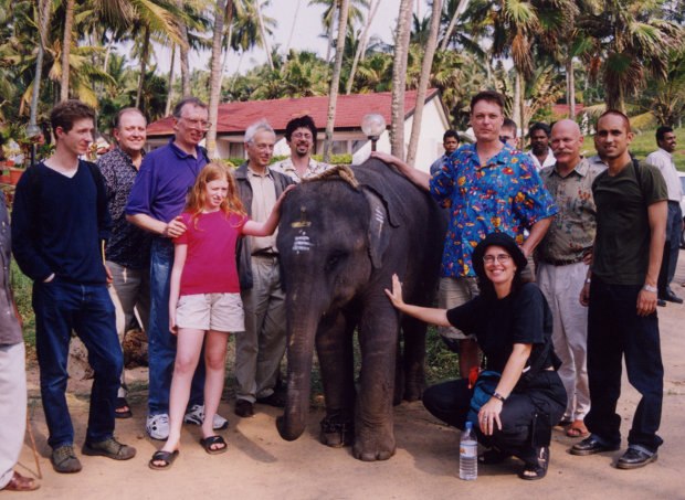 Delegates from Masters of Animation Week in Trivandrum, India in 2000. From left to right: Nicholas Blechman, Bill Dennis, Harvey Deneroff with his daughter Allegra, R.O. Blechman, David Fine, Bill Plympton, Joanna Priestley, Will Vinton and Arnab Chaudhuri.