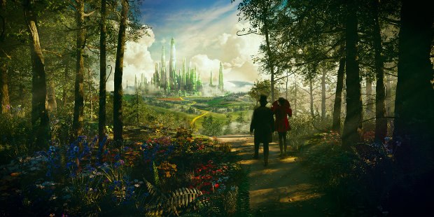 Oscar Diggs (James Franco) and the witch Theodora (Mila Kunis) travel the Yellow Brick Road on their way to The Emerald City in Oz The Great and Powerful. Image © 2012 Disney Enterprises, Inc.