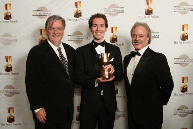 Tim with his Annie backstage at the Annie Awards with presenters Matt Groening and animation voice actor Jim Cummings. Photo Credit: Bonnie Burrow Photography-40th Annie Awards.