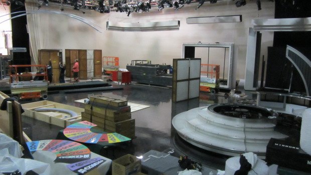 The set was being broken down for travel for remote show broadcasts.