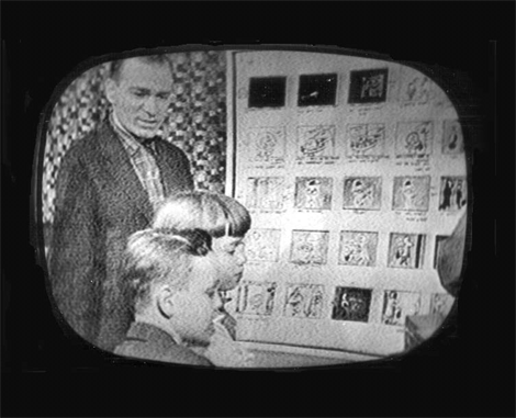 Kinescope image of the 1954 CBS-TV nationwide broadcast, live from the UPA-New York studio. I am guiding young 'Pud & Ginger' through the animation process.