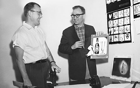 Frank "Sparky" Schudde, the amiable and capable Terrytoons production manager, with Creative Director Gene Deitch, 1957. Photo from J.J. Sedelmaier Productions' collection.