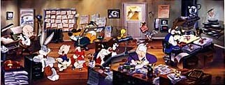 Termite Terrace, a limited edition cel featuring Looney Tunes and Merrie Melodies working in an animation studio. © 1997 Warner Bros.