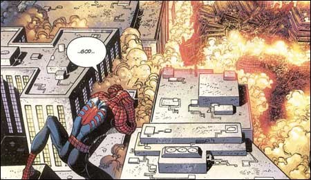 Spider-man surveys the ruins of the Twin Towers in The Amazing Spider-man #36.