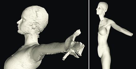 [Figures 13 & 14] Common flaws in scan data include holes, missing data (left), flipped normals and floating data. Cleaned up scan data (right).