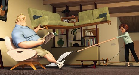 With The Incredibles, Brad Bird definitely made a cartoon but the question still remains whether that approach is the most suitable application of CG-3D. © 2004 Disney Enterprises Inc./Pixar Animation Studios. All rights reserved.