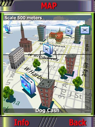 Another area of exploration is GPS technology. GeoUniverse Mobile, a treasure hunt game, features 3D maps and uses GPS data to incorporate the user's spatial location into the game play. Courtesy of TikGames.