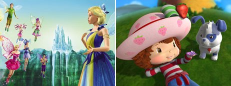 Barbie Fairytopia: Magic of the Rainbow (left) and Strawberry Shortcake: Berry Blossom Festival are new animated DVD releases derived from successful toy brands. © Universal Studios Home Ent. (left) and © Fox Home Ent.