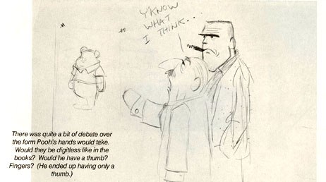 Floyd Norman's studio gag drawing shows Walt Disney debating how to imagine Pooh's hands. From Norman's FASTER! CHEAPER! published by Get Animated! Reproduced with permission.