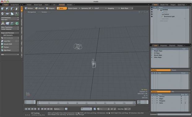 [Figure 1] To begin using the animation tools in modo 301/302, click the Animate tab at the top of the interface.