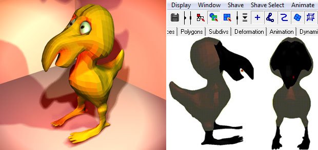 [Figures 1, 2, 3] The polygon bird model ready for hair (left). Shave and a Haircut's two menus are nestled among the Maya menus (top right). Two views of selected polygons shaded dark (bottom right). These polygons produce hair. 