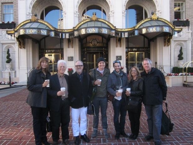 (From left to right) Carol Frank, Ron Diamond, William Joyce, Brandon Oldenburg, Patrick Doyon, Bonnie Thompson and Marc Bertrand in front of San Francisco's Marc Hopkins hotel.