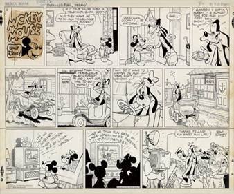 Three-tiered Mickey Mouse Sunday comic strip from 1950 (estimated value $3,500 – $5,000). Image courtesy of Swann Auction Galleries.