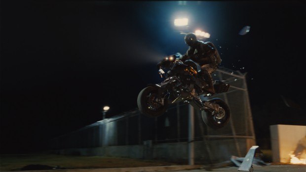 Exploding motorcycle sequence. Click image to watch a VFX breakdown video clip of this sequence.. All images © 2013 Paramount Pictures. All Rights Reserved. Hasbro and its logo, G.I. JOE and all related characters are Trademarks of Hasbro and used with permission. All Rights Reserved. Click image to watch a VFX breakdown video clip of this sequence.