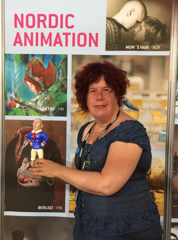 Finnish animator Katariina Lillqvist at the Nordic booth at MIFA showing her puppet of Vladimir Putin for her next film