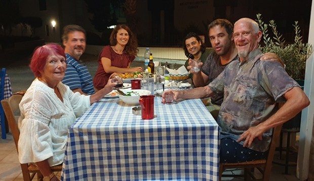 Dinner at Tavernaki Papallas L to R Nancy; Olivier Catherine; Juliette Marchand; Cypriot animator Michalis Kalopaidis; Vassilis Karamitsanis, President of Anima Syros; and Nik
