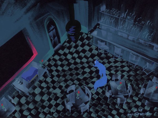 One of Gabriels visual tricks was to use gray-green to neutralize the colors surrounding the blue cat, while at the same time paying homage to the South American cafes with a checkerboard floor.