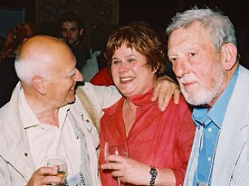 Festival director Margit Antauer (center) enjoying the company of animators Raoul Servais (left) and Bob Godfrey (right).