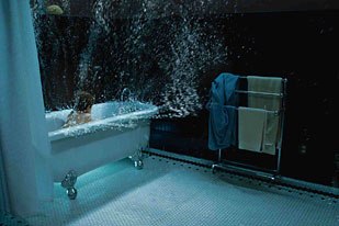 The anti-gravity water scene is one of the major vfx set pieces in this sequel. The water filling a bathtub literally overtakes the room in a dramatic display of hellish power.