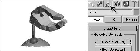 [Figures 2 & 3] Making the head from a polygonal box (left), before adding a Mesh Smooth modifier. Moving the pivot point (right).