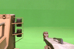 The mule composition is shot against a greenscreen. Peristere flew in a helicopter 10 feet above ground to capture the background footage. Finally, the greenscreen footage is composited into helicopter footage to create a POV from the spacecraft.