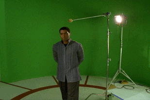 This shot is comprised of the records room plate and two greenscreens. The final composite shows Chiwetel Ejiofor standing before the hologram images of Summer Glau (kneeling) and Sean Maher (seen partially).