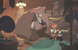 Woolie, the musically gifted elephant, confides his dreams to his friends Danny the cat and Pudge the penguin in Cats Don't Dance. © Turner Feature Animation.