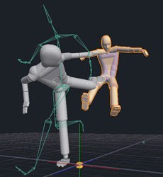 Motion transfer is displayed in this image where the green skeletons original animation has been overtaken by the simulation, seen on the orange selected character.