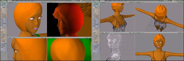 The characters head requires more detail because the virtual camera will frame the head in close-up shots. Low-resolution modeling techniques are applied to parts of the body that are filmed from a distance.