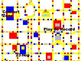 Videogames as art: Prize Budget for Boys makes digital pop by canonizing pop icons. PacMondrian takes the classic arcade game Pac-Man and combines it with Piet Mondrians work. Courtesy of PBFB.
