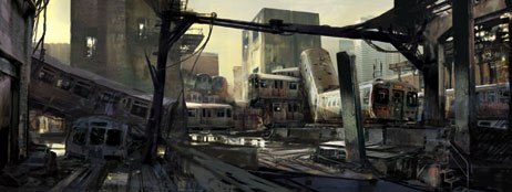 The juried exhibition, Into the Pixel, now in its third year, casts a keen eye on the artistic merits of gaming art. Above is Chicago Train Grave from the game Strangleholdby Stephan Martiniere. © Midway Games. Courtesy of I