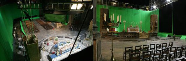 Rainmaker built the main church set, which helped the filmmakers with framing and overall composition. The digital team created visualization stop-gaps and quick, on-set previs. 