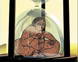 Matthew Hood's Hourglass -- a sand animation of the life cycle of a woman confined in glass. © National Film and Television School.