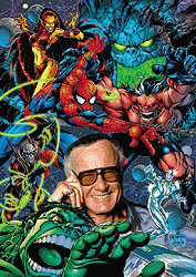 Stan Lee with many of his creations. © Stan Lee Media.