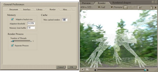 [Figure 7] Render panel of the Preferences dialog box (left). [Figure 8] Rendered image with wireframes(right). 