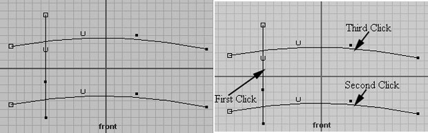 [Figure 4] Three curves to create a birail surface (left); [Figure 5] Birail tool click sequence.