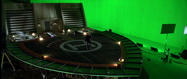 Soho VFX extended a simple helipad set surrounded by greenscreen and connected it the CG Aesir building. It also added an entirely CG/matte painted New York City environment around it. Courtesy of Soho VFX. 