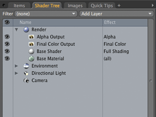[Figure 2] Expanding the Render listing in the Shader Tree shows the default material and shader.