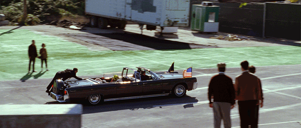 CIS had a little fun with the Kennedy assassination scene, matching the original Zapruder film from a recreation in a parking lot in Vancouver. 