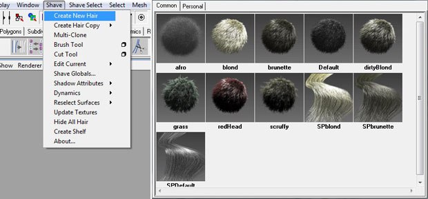 [Figures 4, 5] Shave and a Haircut's menu selection for creating a new hair node (left). The pop-up window with preset hair types (right).