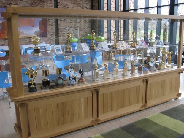 An award case sits on the right side of the lobby as you enter the building.