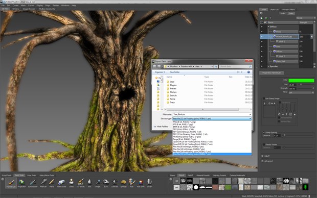 High-quality textures can be exported as Ptex files for a UV-less process in Mudbox 2012.