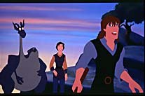 Quest for Camelot's blind hero, Garrett. In the background is the two-headed dragon, Devon and Cornwall, and Garrett's eventual love interest, Kayley. © 1998 Warner Bros. All Rights Reserved.