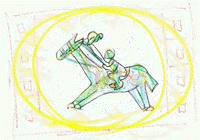 Um cavalo de cor diferente. Quando ele se sente seguro e rodeado por pessoas queridas, Fernando desenha com um estilo mais figurativo, como por exemplo, esta imagem de uma pessoa montada em um cavalo que corre. © Fernando Diniz.