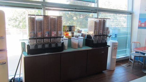 Breakfast cereal snack station at the Burbank feature animation studio.