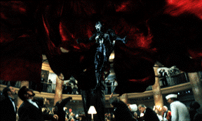 In this scene from New Line's Spawn, the caped character, who is a live actor throughout most of the film, is entirely computer generated.