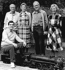 Left to right: Ollie Johnston, Jeanette Thomas, Frank Thomas, Marie Johnston and John Canemaker (on train) December 21, 1983 Flintridge, California. Photo courtesy of John Canemaker.